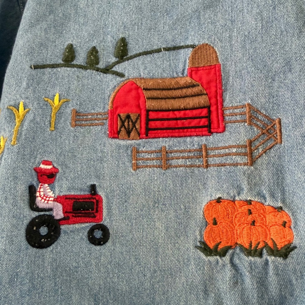 Vintage Solutions Blue Denim Shirt L Fall Pumpkin Scarecrow Halloween Grannycore - Picture 3 of 10